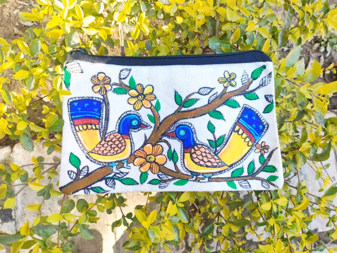 Handcrafted Twin Bird Folk Art Canvas Pouch