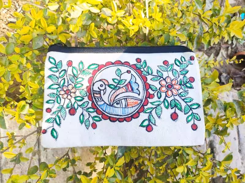 Handcrafted Twin Fish Folk Art Canvas Pouch - Image 3