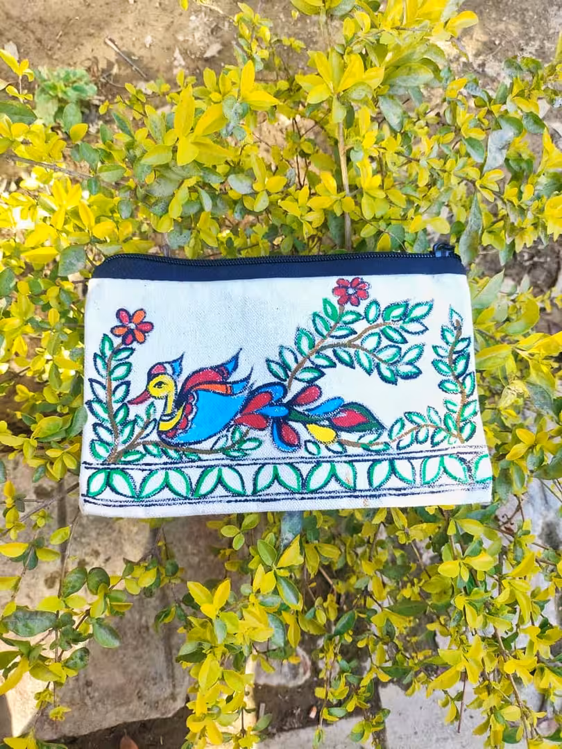 Handcrafted Folk Art Peacock Bird Canvas Pouch