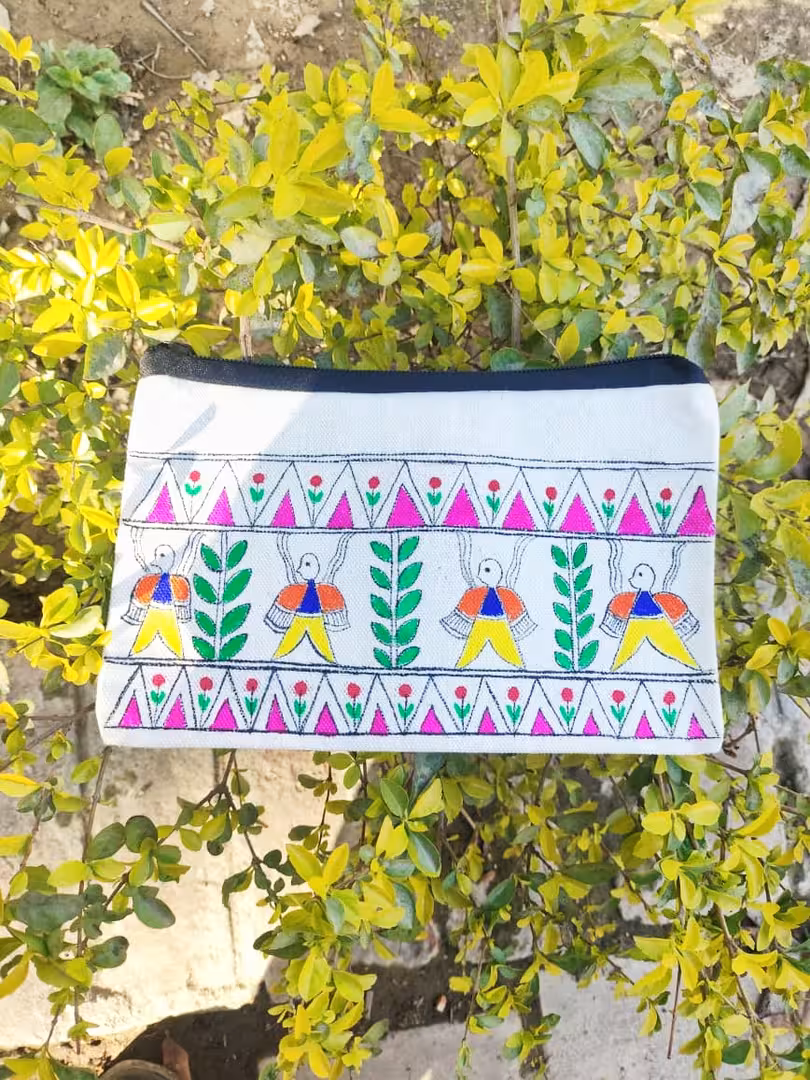 Handcrafted Tribal Bird Folk Art Canvas Pouch