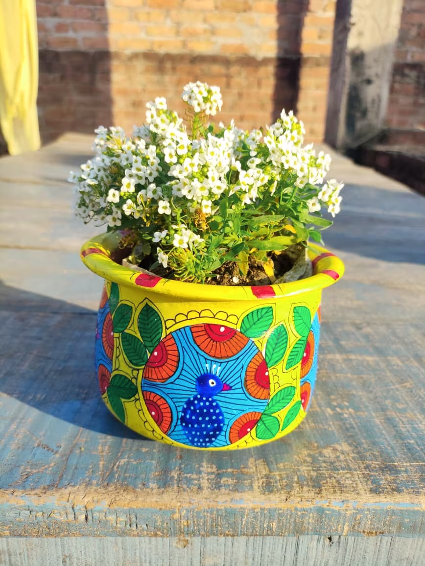 Handcrafted Folk Art Bird Blossom Planter Pot