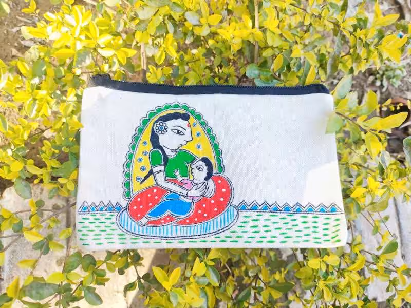 Handcrafted Mother & Child Folk Art Canvas Pouch