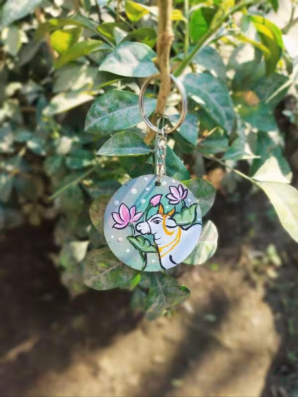 Hand-Painted Lotus Cow Keychain