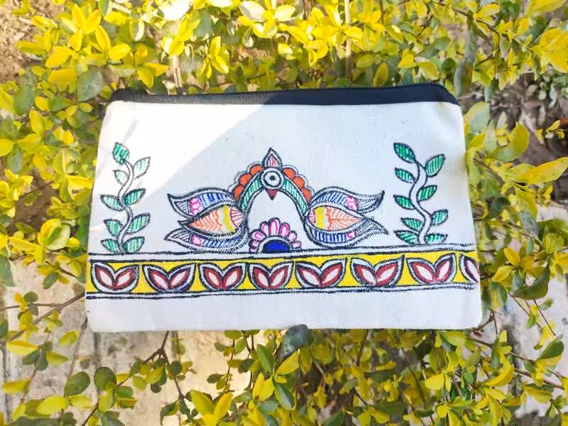 Handcrafted Folk Art Bird Motif Canvas Pouch